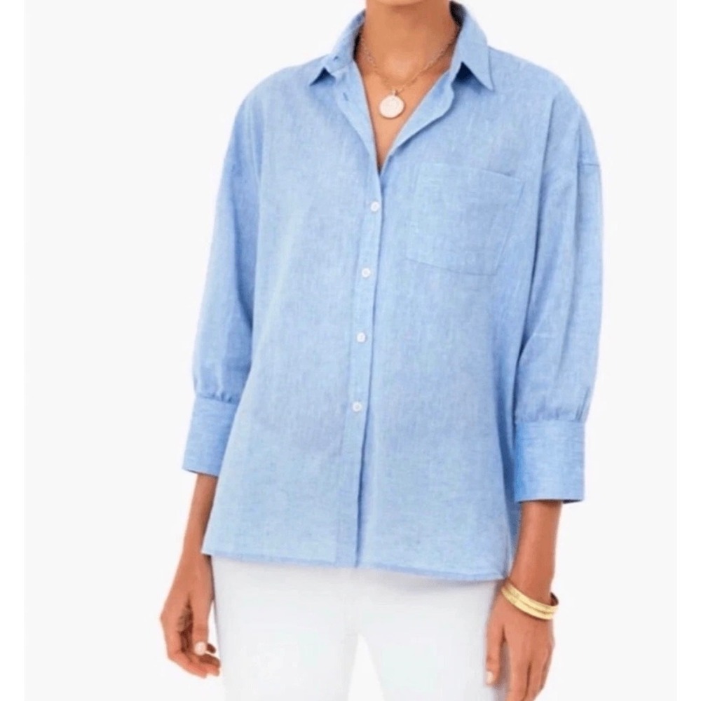 Tuckernuck Pomader Place Top Oxford Adair Boyfriend Sleeve Embroidery Blue Small
